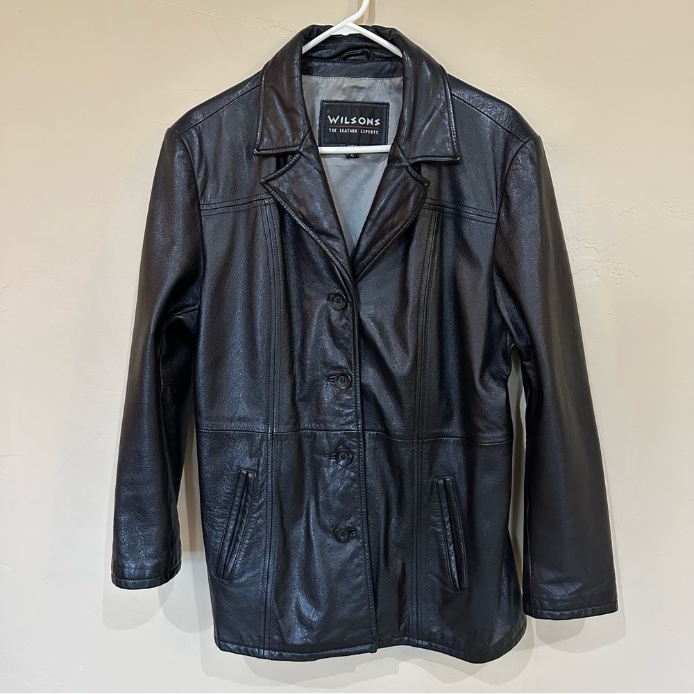 Wilsons Black Genuine Leather button front Jacket thick heavy collar pockets XL - Picture 2 of 15